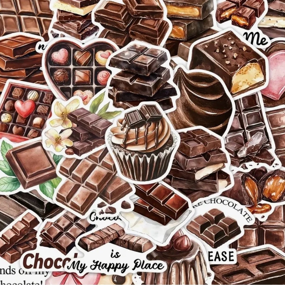 50 Chocolate Stickers Candy Bars Bonbons Truffles Caramel Cupcake Kiss Hearts